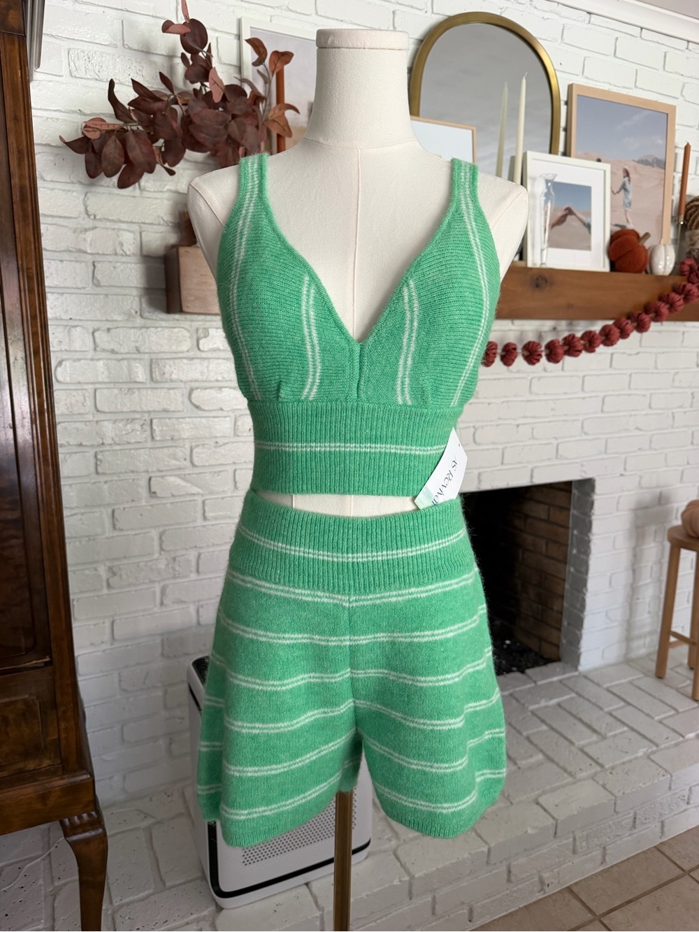 AS Revival Matching Set — Green Striped Knit Tank Top and Shorts Set